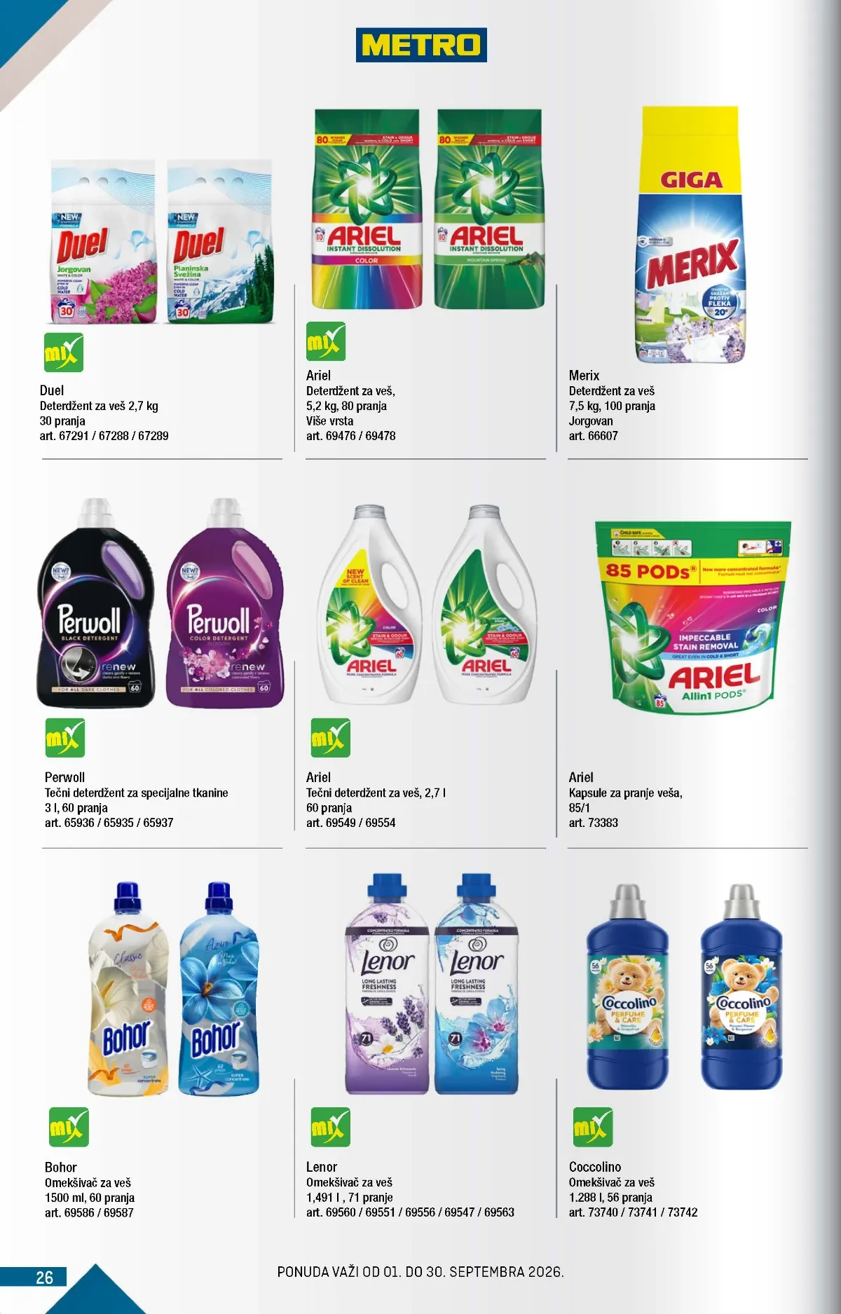 METRO katalog strana 26 – Ariel deterdžent za 80 pranja, Merix deterdžent i Perwoll za specijalne tkanine