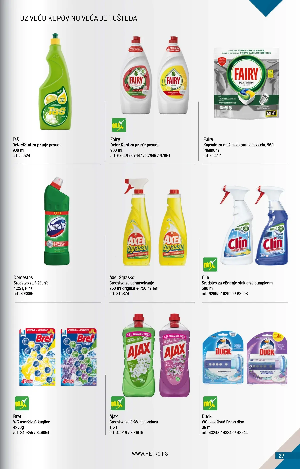 METRO katalog strana 27 – Fairy deterdžent za posuđe, Domestos sredstvo za čišćenje i Bref WC osveživač