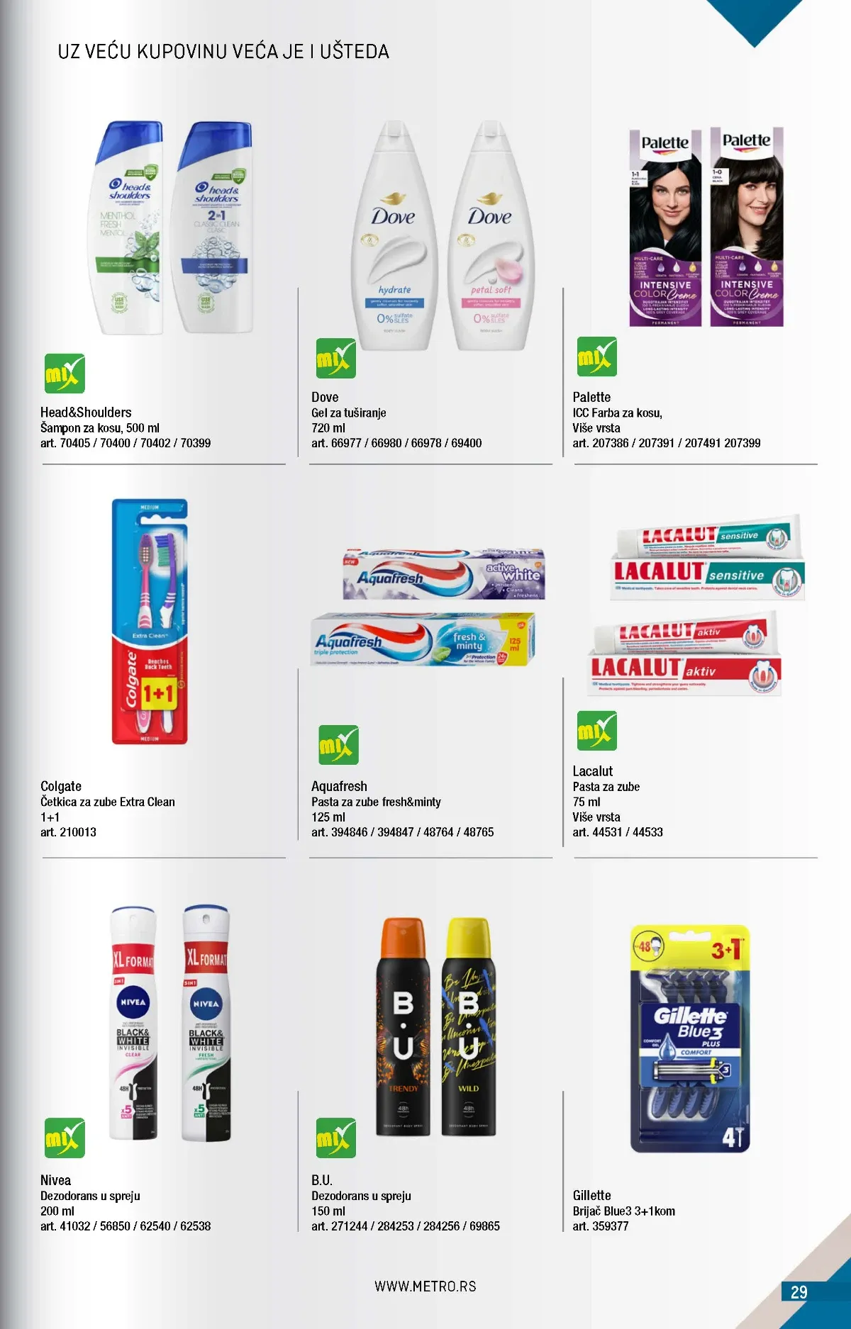METRO katalog strana 29 – Head and Shoulders šampon, Dove gel za tuširanje i Gillette Blue3 brijači