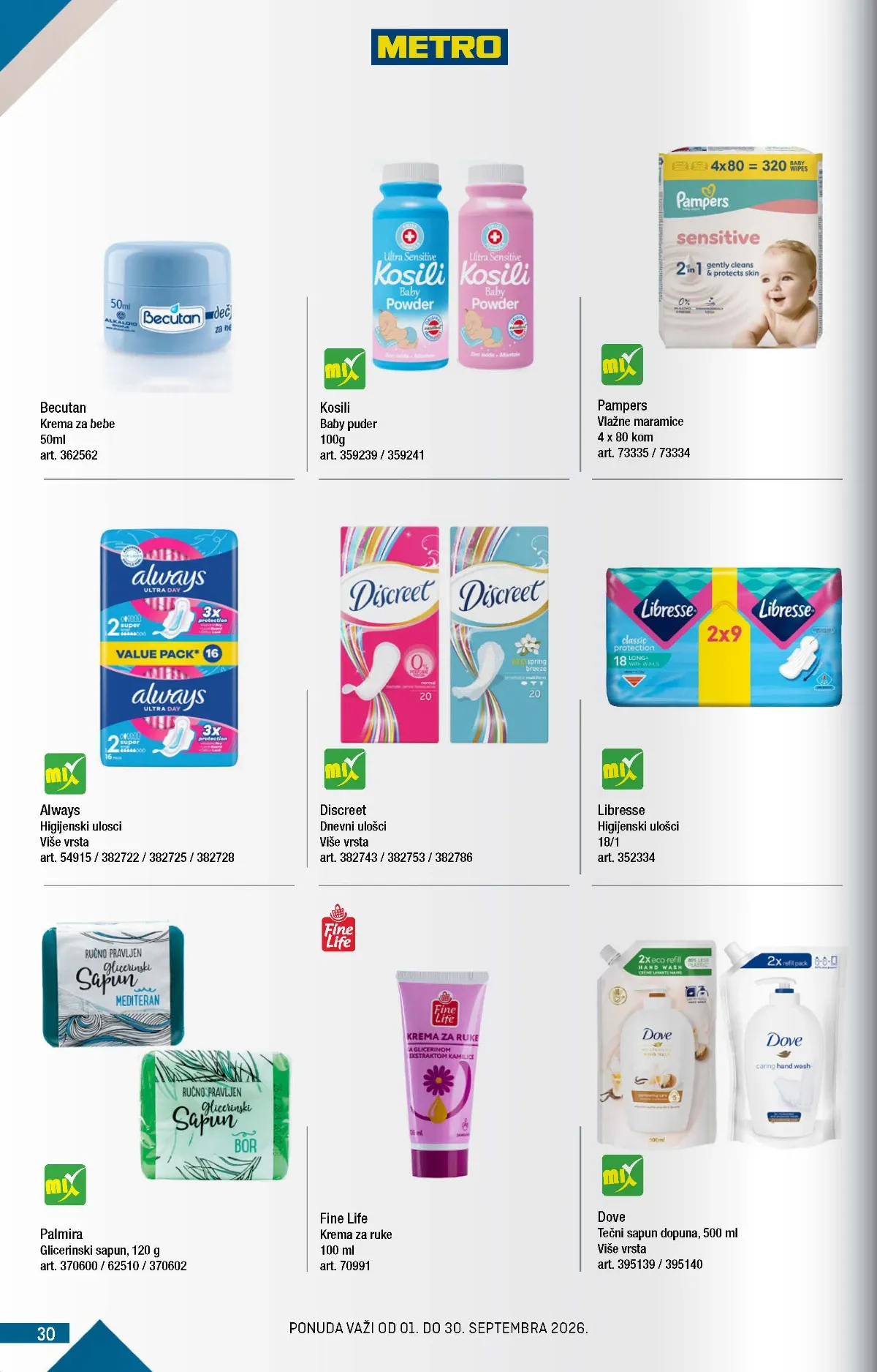 METRO katalog strana 30 – Pampers vlažne maramice, Becutan krema za bebe i Dove tečni sapun
