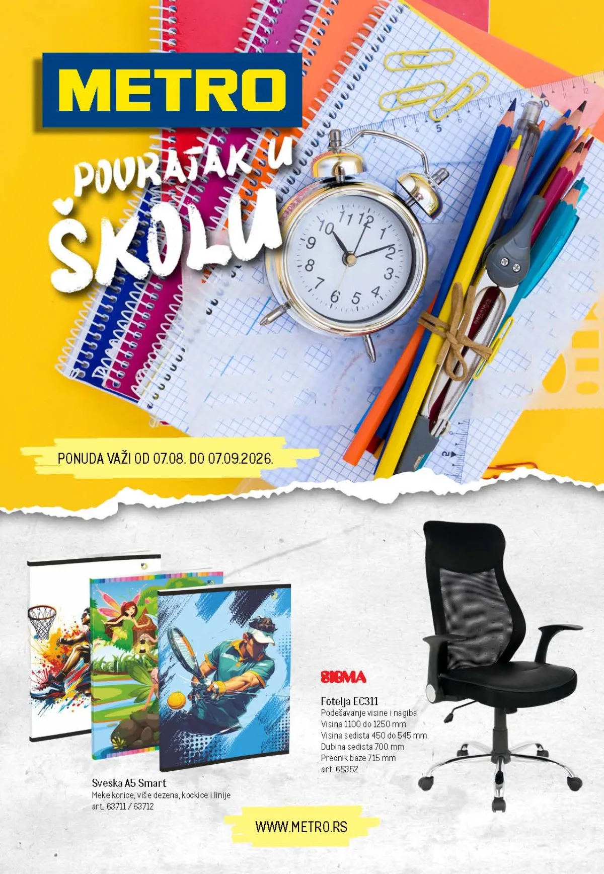 METRO Povratak u školu do 07.09.2026. donosi popuste do 50% na sveske, rančeve, pernice, školski pribor, kancelarijski materijal i opremu za školu.