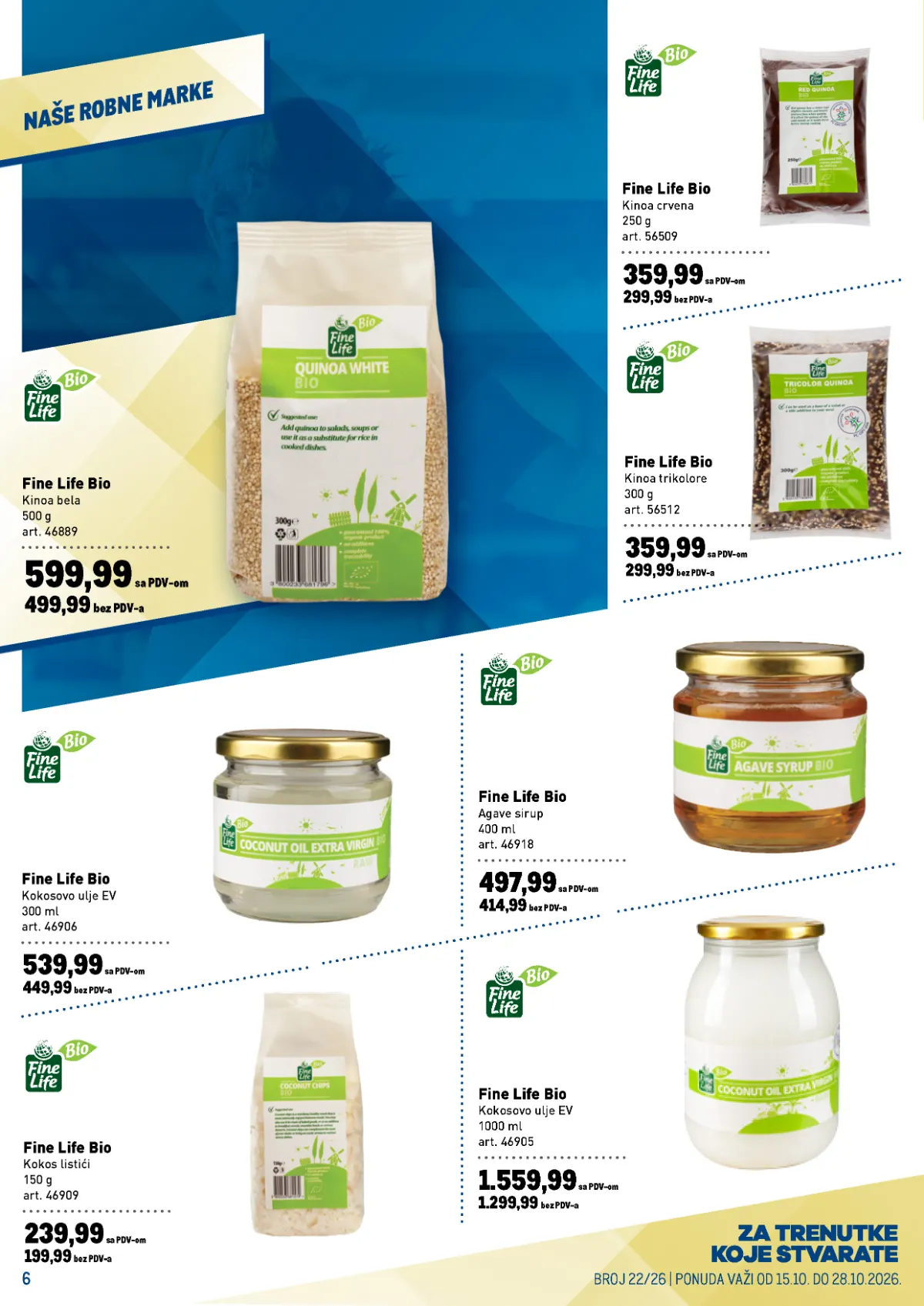 METRO katalog, strana 6 – Fine Life Bio kinoa, kokosovo ulje, agave sirup i kokos listići