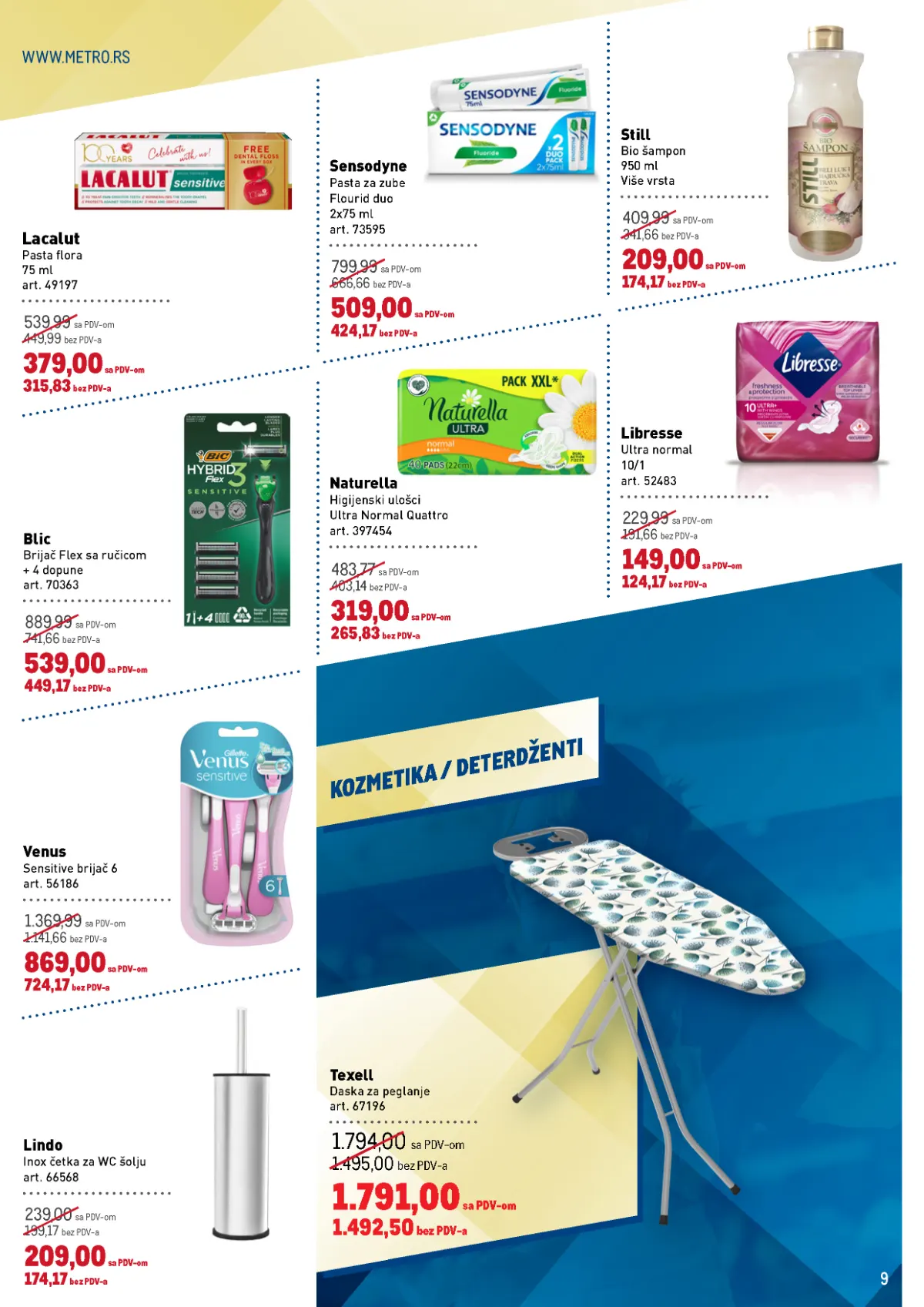 METRO katalog, strana 9 – paste za zube, šamponi, higijenski ulošci, brijači i pribor za domaćinstvo