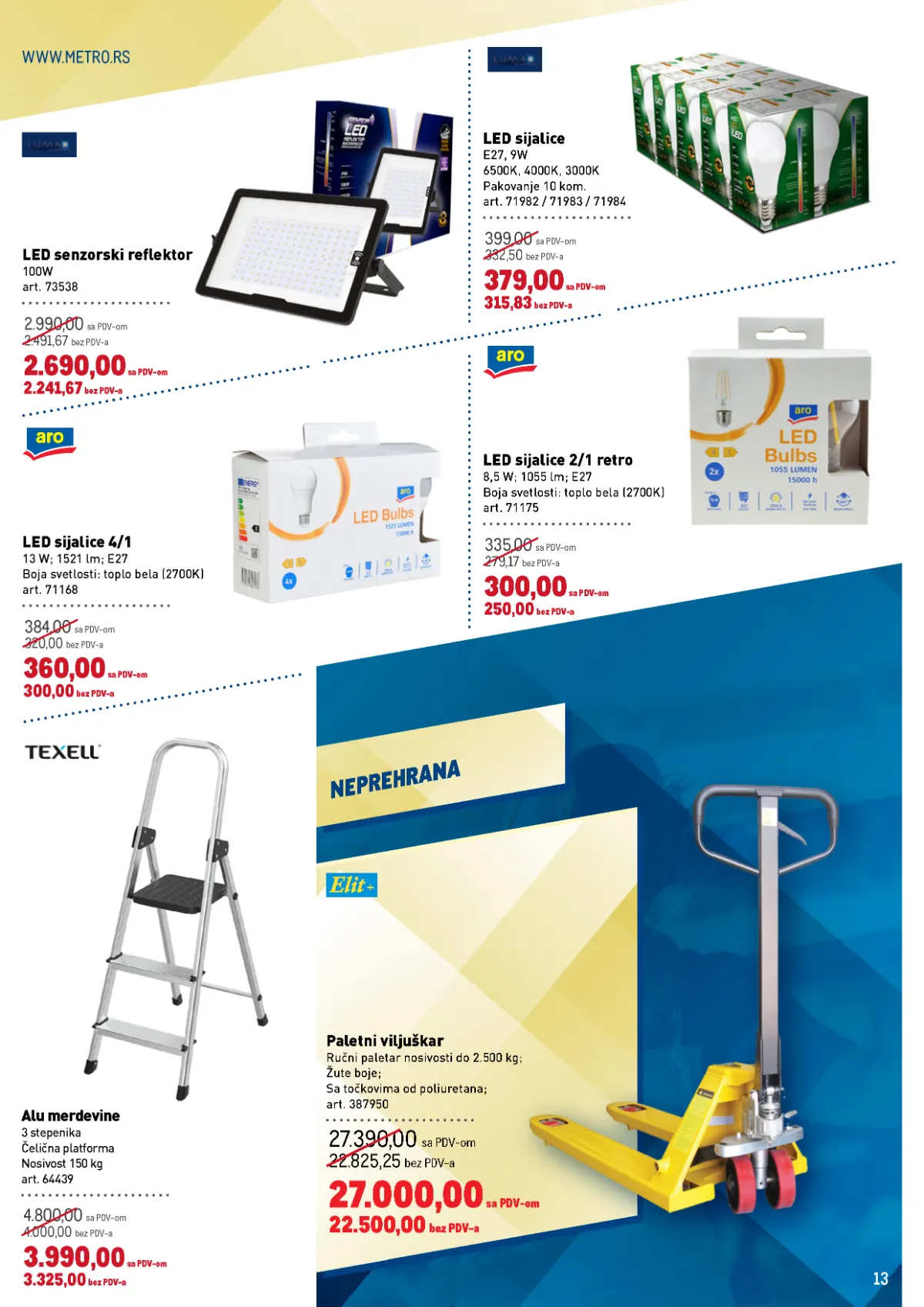 METRO katalog, strana 13 – LED sijalice, senzorski reflektor, merdevine i ručni paletar