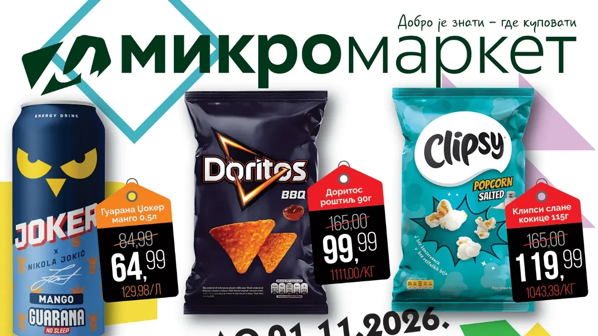 Mikromarket nedeljna akcija 26.10–01.11.2026. – Doritos 99,99 din, Guarana Joker 64,99 din, Clipsy 119,99 din i ruska salata 249,99 din