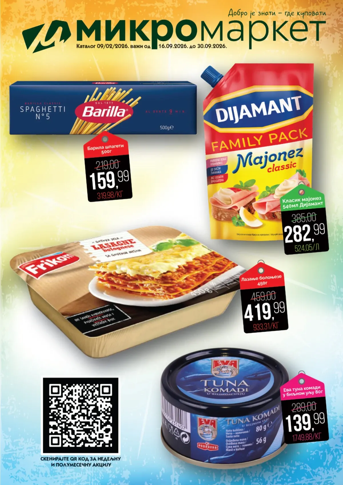 Mikromarket katalog od 16. do 30.09.2026. – Barilla špagete, Dijamant majonez, Frikom lazanje i Eva tuna po sniženim cenama