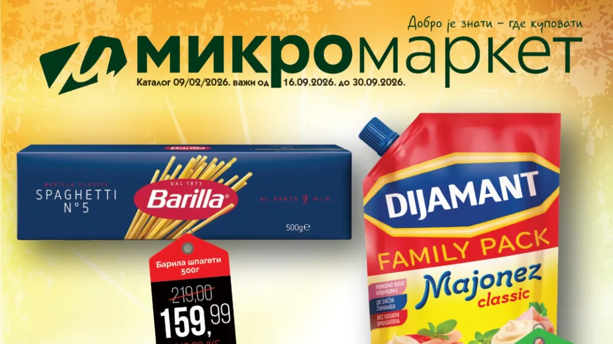 Mikromarket katalog od 16. do 30.09.2026. – Barilla špagete, Dijamant majonez, Frikom lazanje i Eva tuna po sniženim cenama