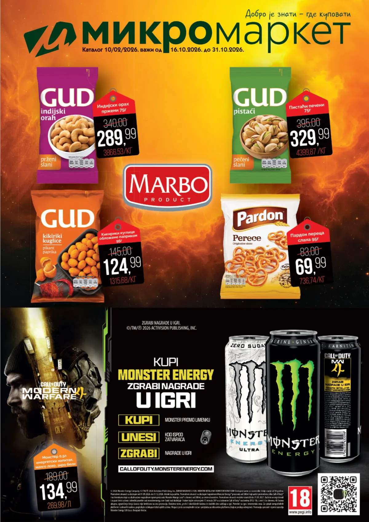 Mikromarket katalog strana 1 – GUD indijski orah 289,99 din, GUD pistaći 329,99 din i Monster energetska pića