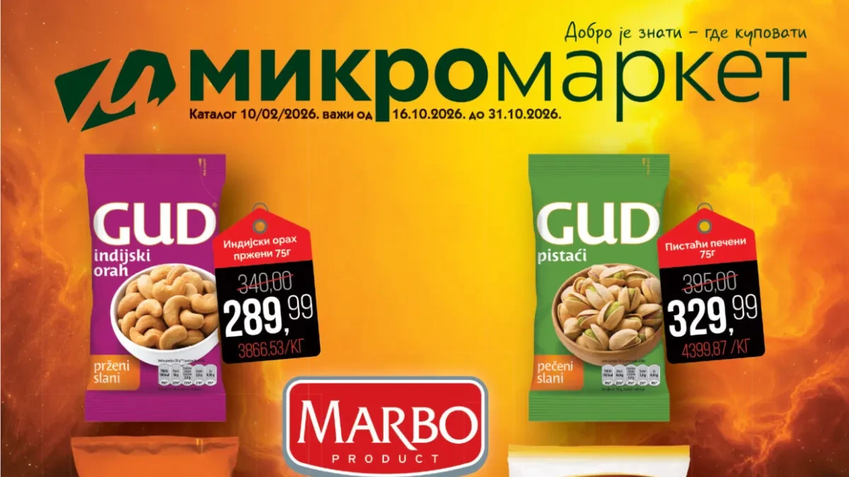 Mikromarket kataloška akcija od 16. do 31.10.2026. – GUD indijski orah i pistaći, Marbo grickalice i Monster energetska pića po akcijskim cenama