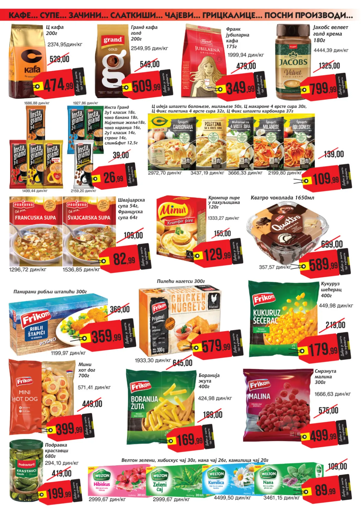 Mikromarket katalog strana 6 – Grand kafa 509,99 din, Jacobs kafa 799,99 din, Frikom smrznuta hrana i gotova jela