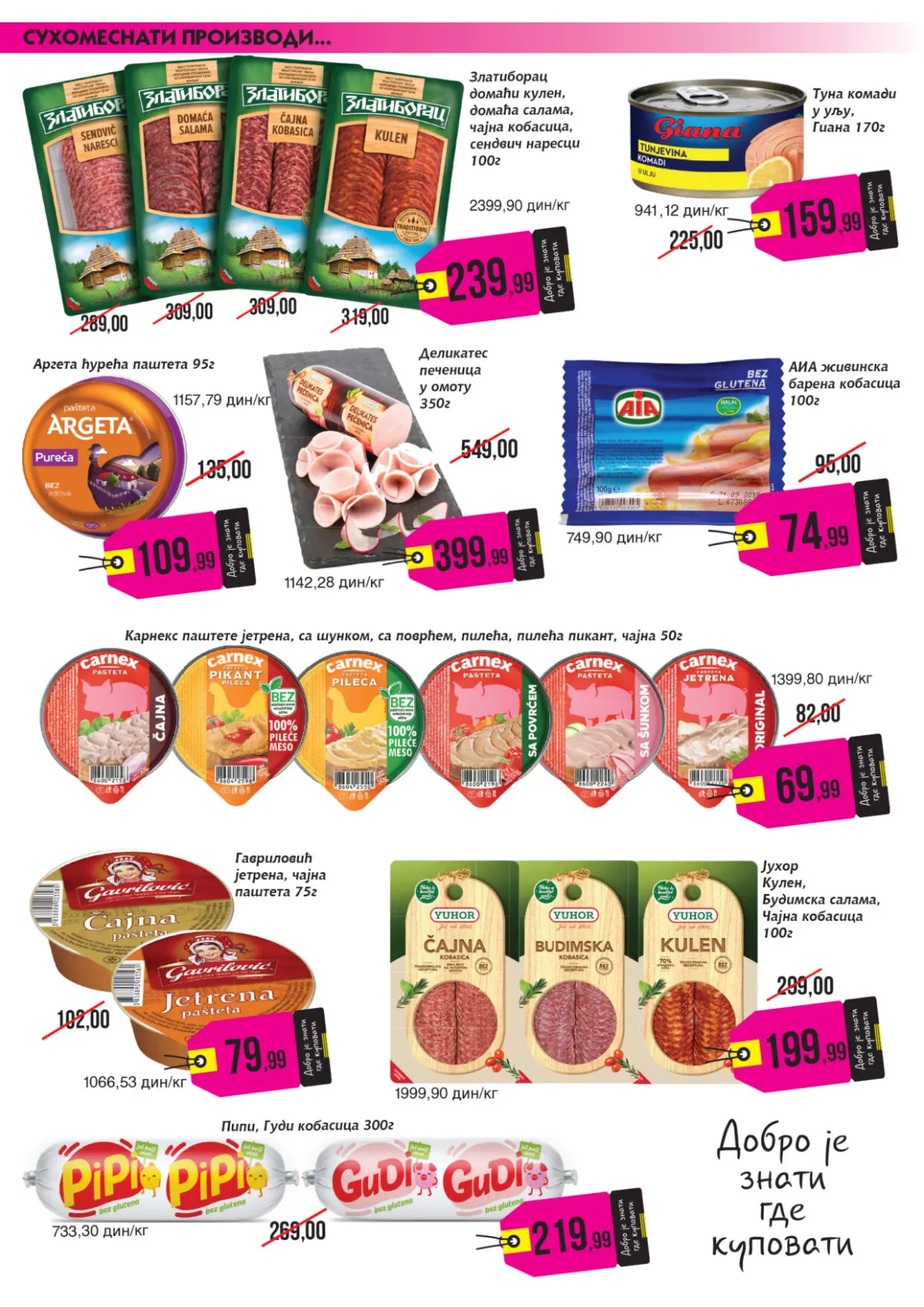Mikromarket katalog strana 8 – Zlatiborac suhomesnati proizvodi, Carnex, Argeta paštete, kobasice i viršle po akcijskim cenama
