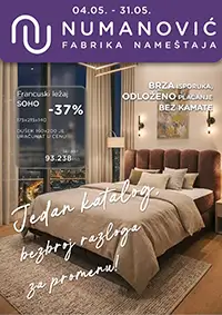 Numanović akcija nameštaja Maj 2026 – ugaone garniture, kreveti i stolovi na sniženju do 65%