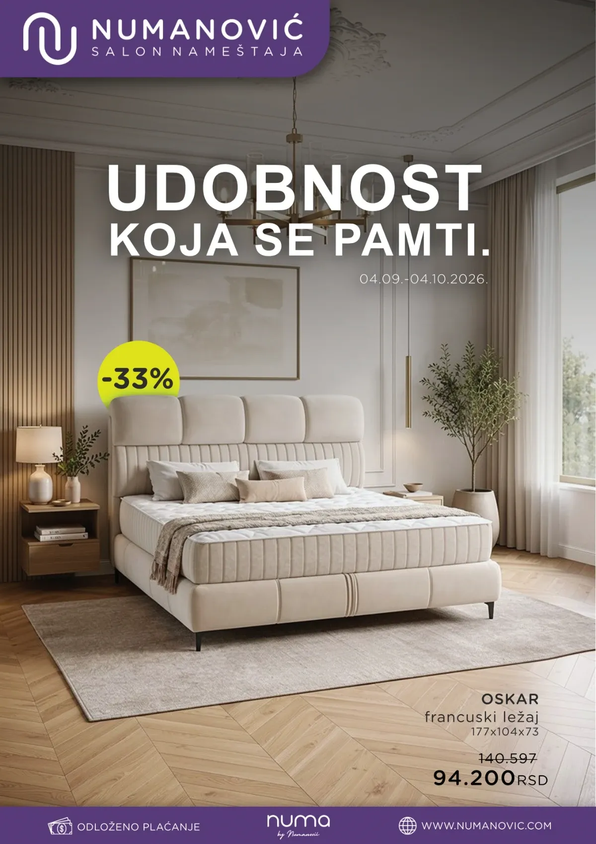 Numanović katalog od 04.09. do 04.10.2026. donosi popuste do 52% na krevete, ugaone garniture, fotelje, stolove, stolice, plakare i drugi nameštaj.
