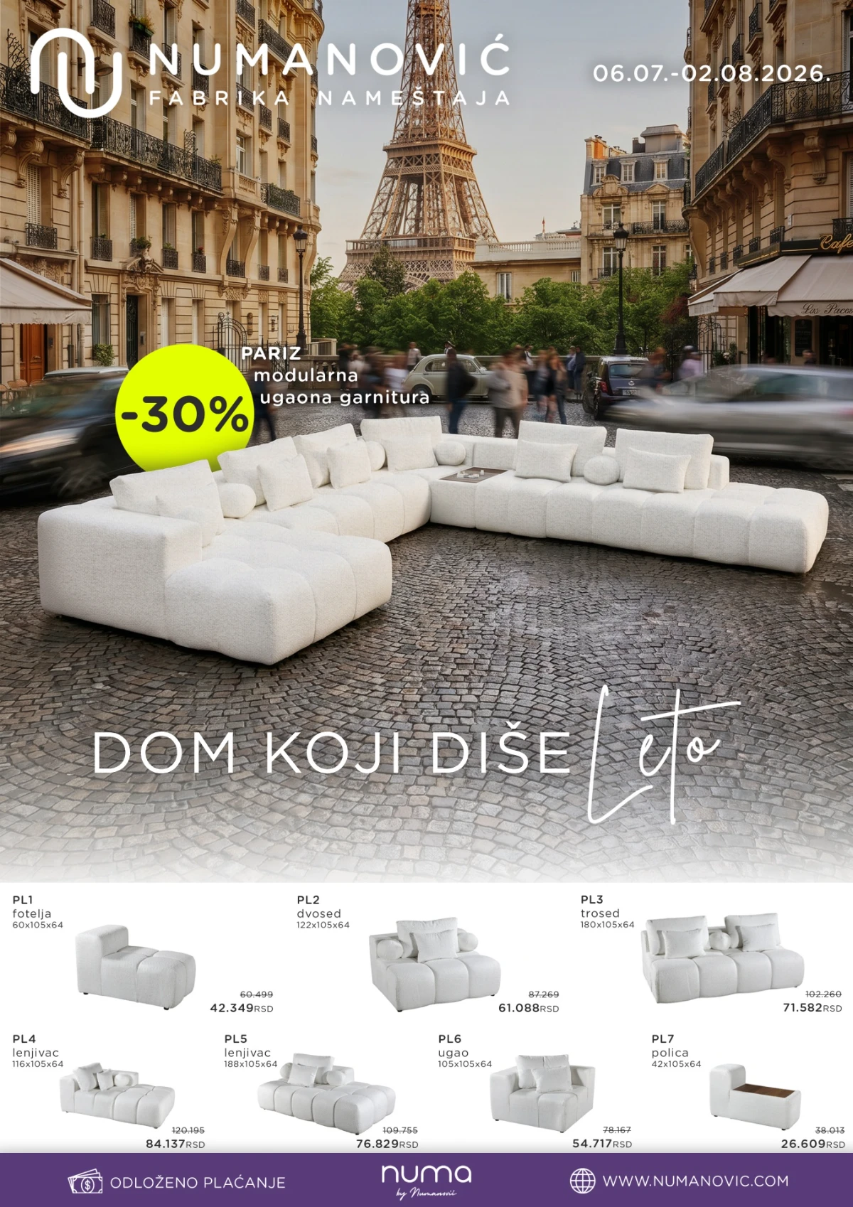 Numanović katalog od 06.07. do 02.08.2026 – ugaone garniture, trosedi i nameštaj na akciji do 70%