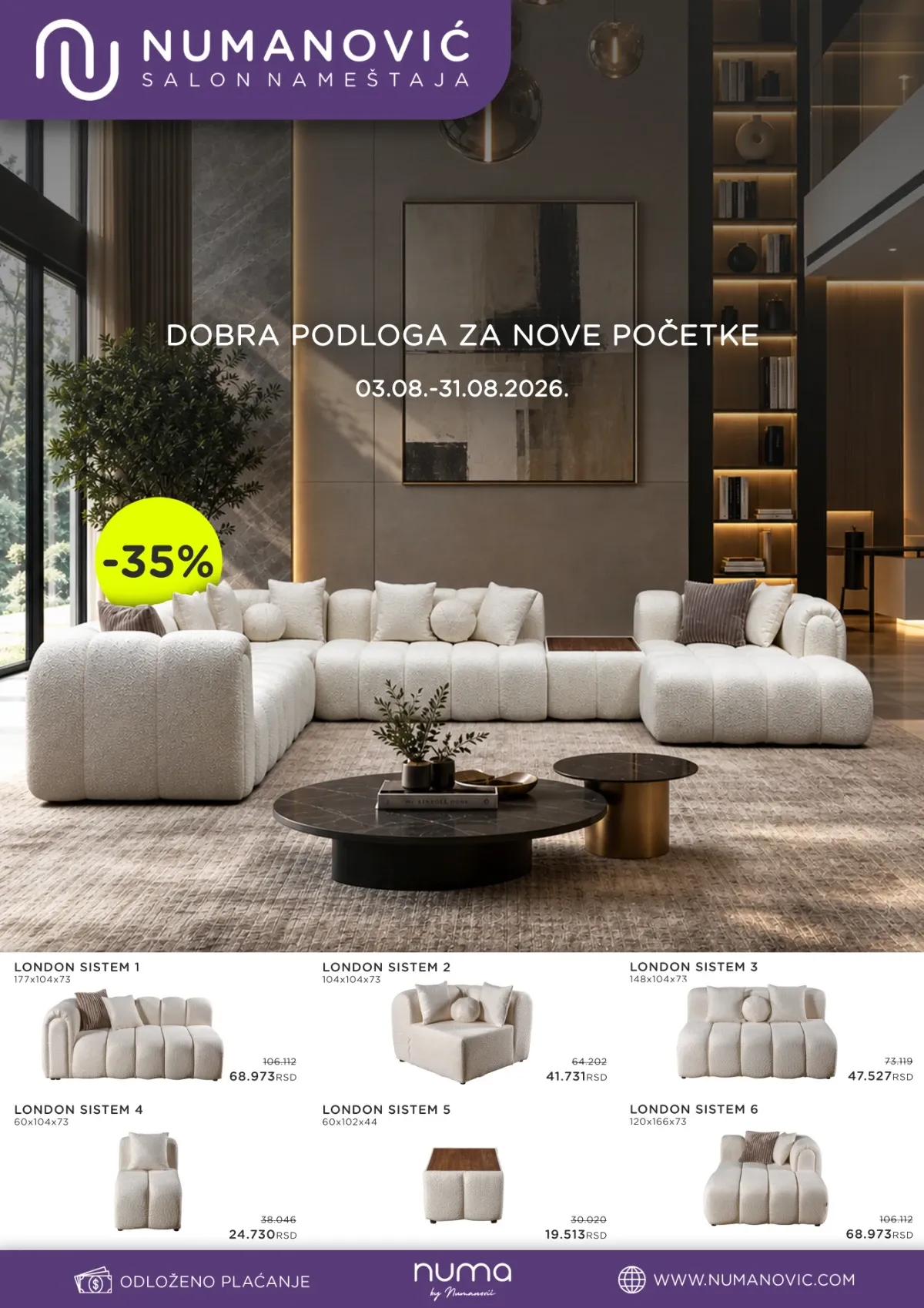 Numanović katalog do 31.08.2026. donosi popuste do 65% na ugaone garniture, fotelje, klub stolove i namještaj za dnevni boravak.