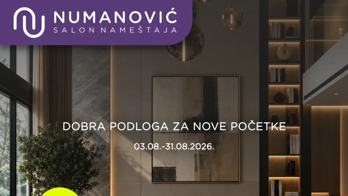 Numanović katalog do 31.08.2026. donosi popuste do 65% na ugaone garniture, fotelje, klub stolove, krevete, plakare i nameštaj za ceo dom.