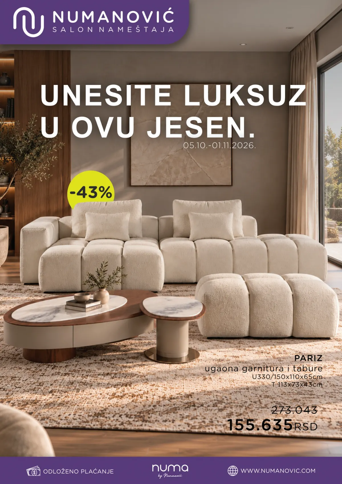 Numanović katalog od 05.10. do 01.11.2026. – ugaone garniture, trosedi, fotelje, stolovi, stolice, kreveti, garderoberi i drugi nameštaj na sniženju do 60%