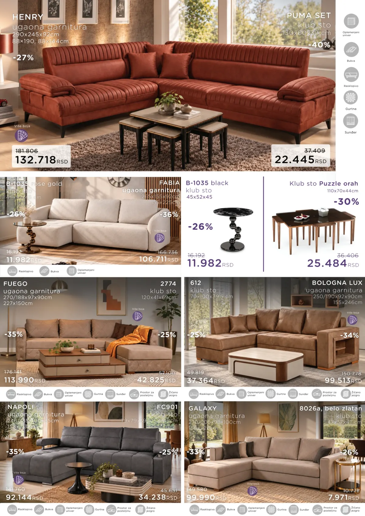 Numanović katalog 05.10–01.11.2026. – HENRY, FABIA, FUEGO, BOLOGNA LUX, NAPOLI i GALAXY ugaone garniture i klub stolovi