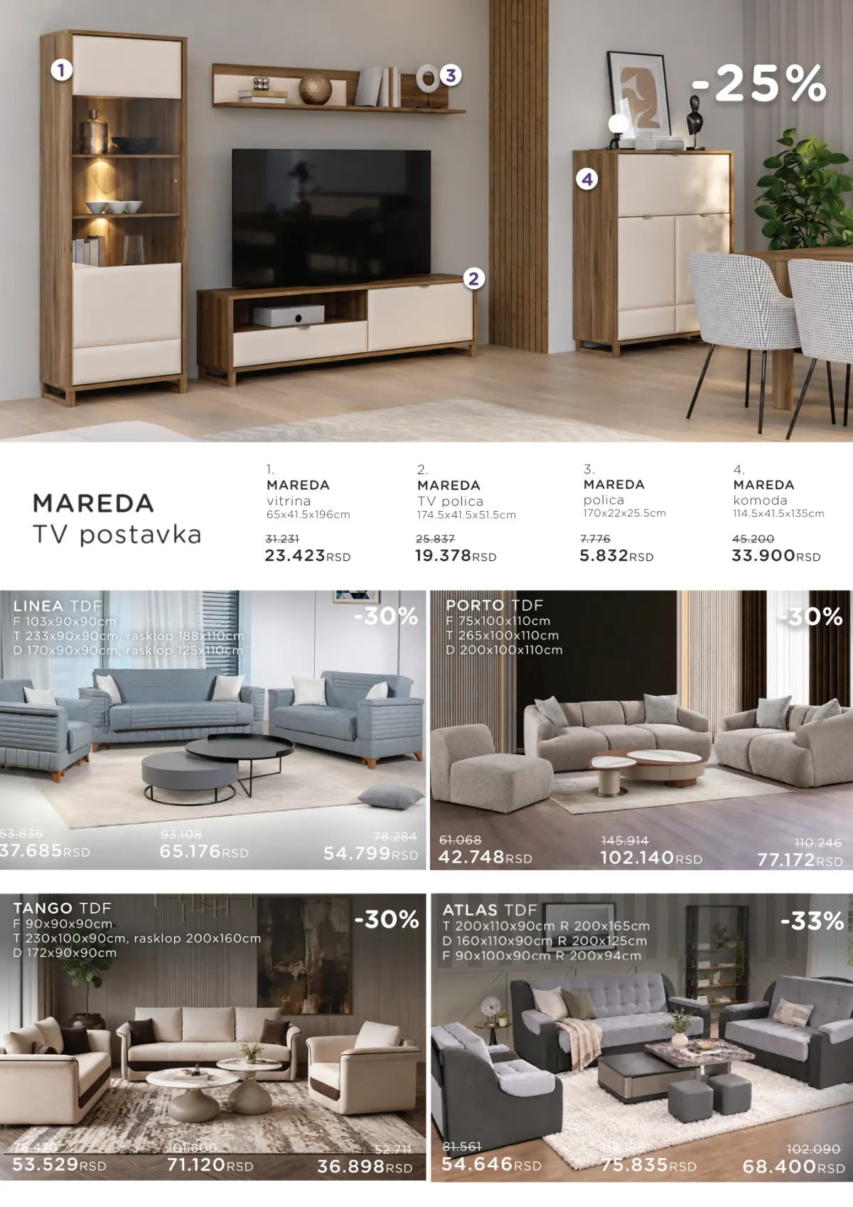 Numanović katalog – MAREDA TV postavka, LINEA, PORTO, TANGO i ATLAS garniture na sniženju