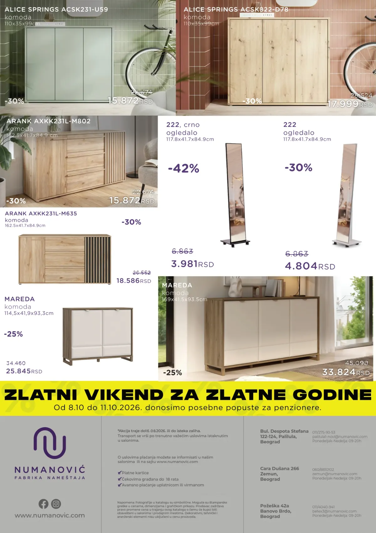 Numanović katalog – ALICE SPRINGS, ARANK i MAREDA komode i ogledala uz Zlatni vikend za penzionere