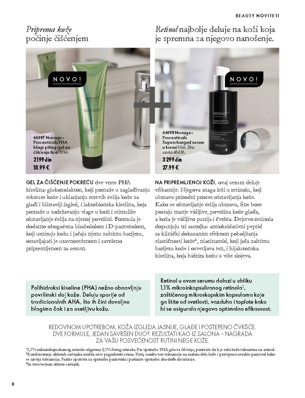 Oriflame katalog 07.10–17.11.2026, strana 8 – Novage+ Proceuticals PHA blagi piling-gel za čišćenje lica 150 ml; Novage+ Proceuticals Supercharged serum u kremi 50 ml