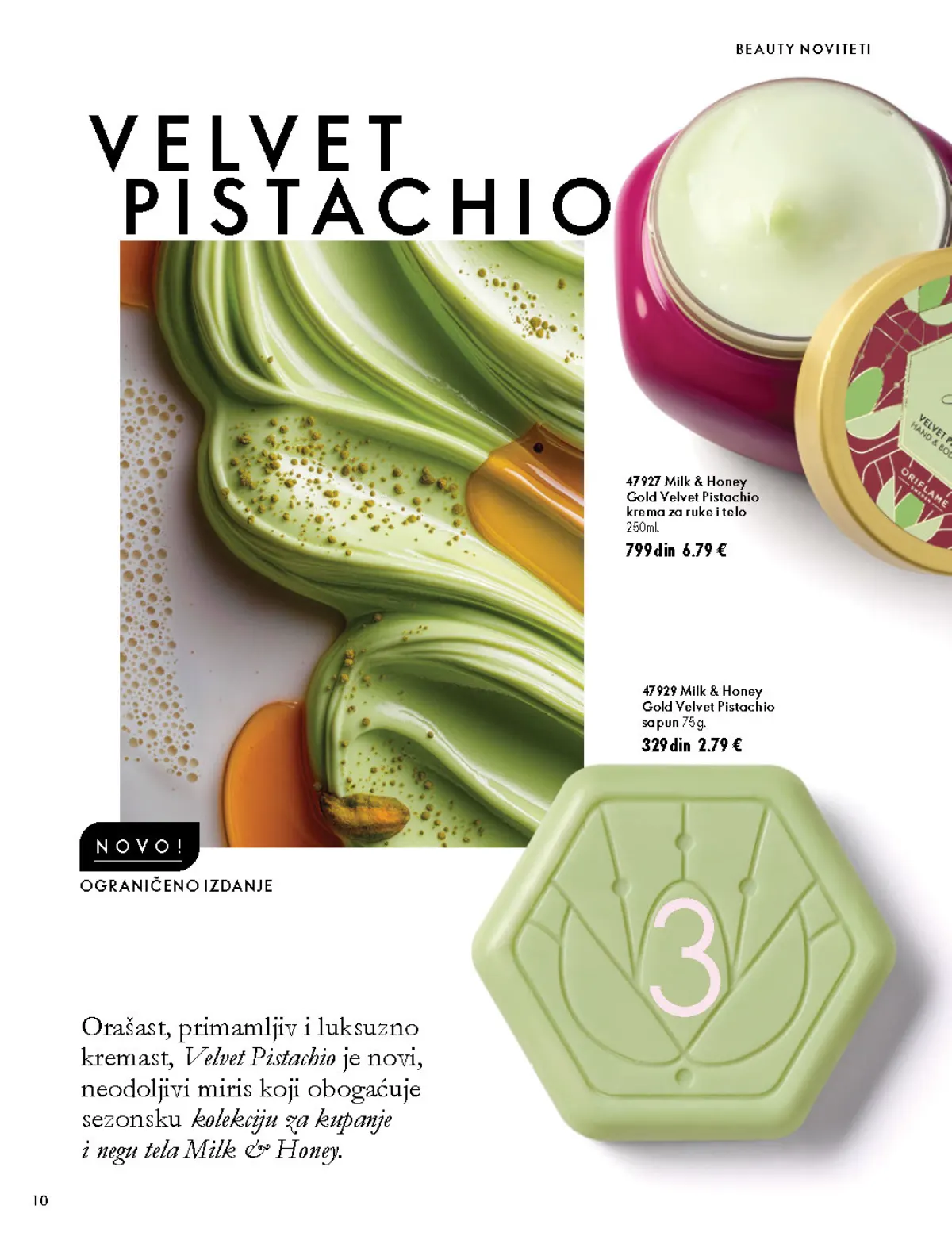 Oriflame katalog 07.10–17.11.2026, strana 10 – Milk & Honey Gold Velvet Pistachio sapun 75 g; Milk & Honey Gold Velvet Pistachio krema za ruke i telo 250 ml