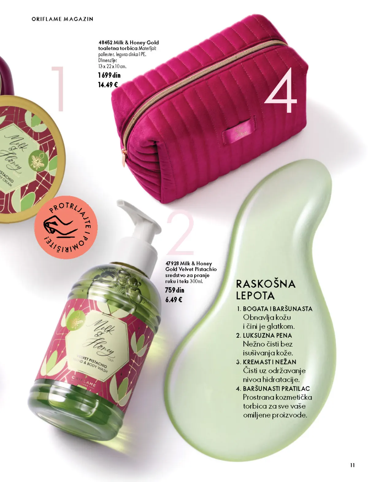 Oriflame katalog 07.10–17.11.2026, strana 11 – Milk & Honey Gold Velvet Pistachio sredstvo za pranje ruku i tela 300 ml; Milk & Honey Gold toaletna torbica