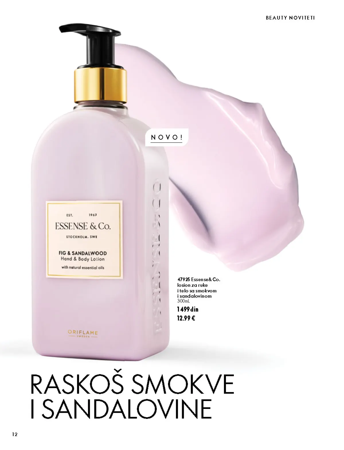 Oriflame katalog 07.10–17.11.2026, strana 12 – Essense&Co. losion za ruke i telo sa smokvom i sandalovinom 300 ml