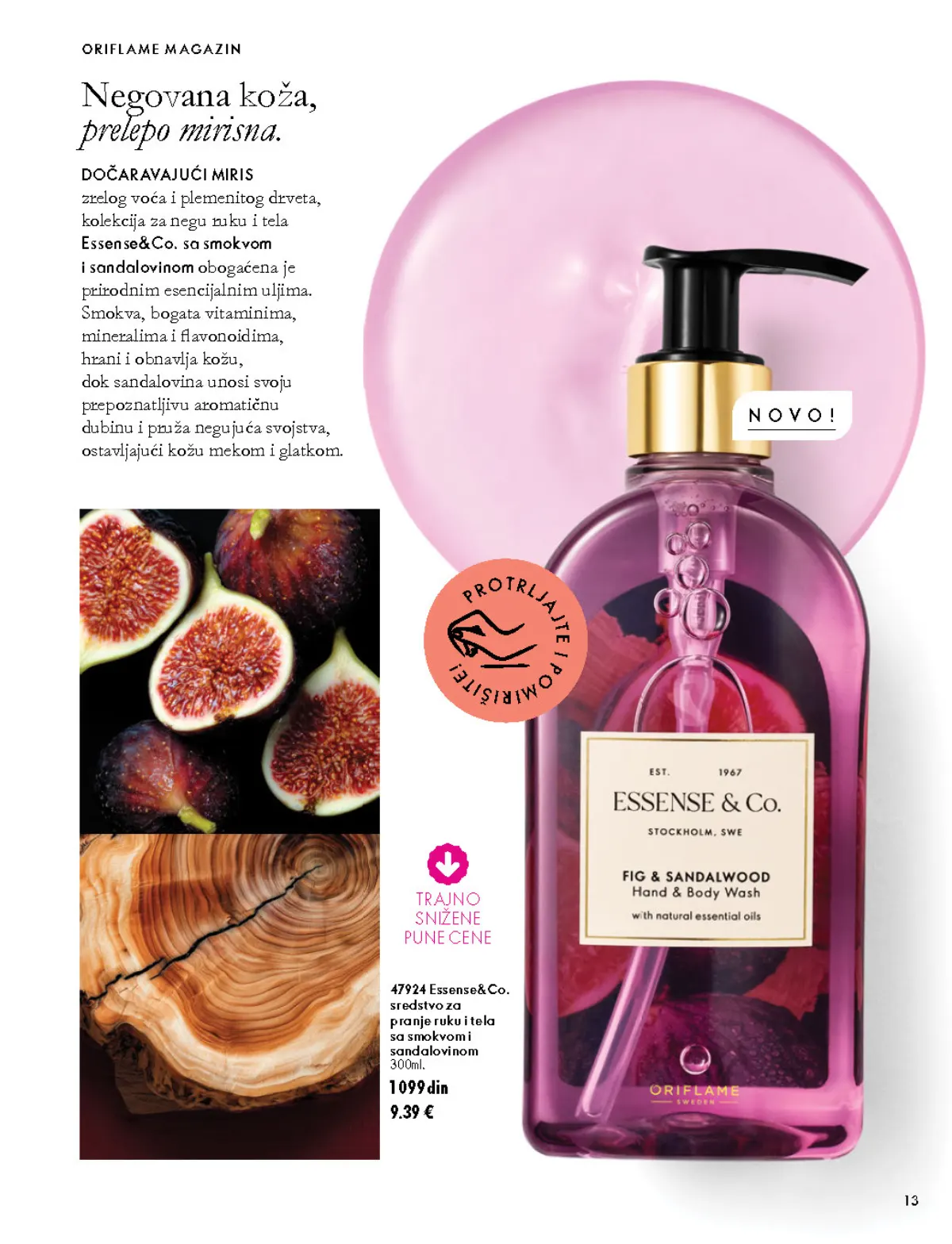 Oriflame katalog 07.10–17.11.2026, strana 13 – Essense&Co. sredstvo za pranje ruku i tela sa smokvom i sandalovinom 300 ml