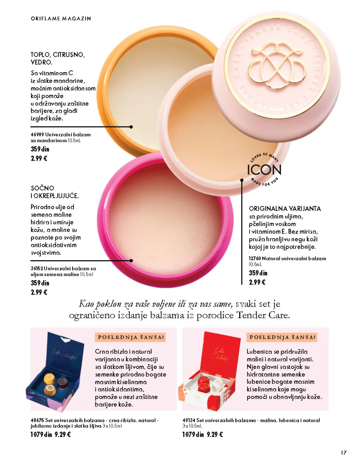 Oriflame katalog 07.10–17.11.2026, strana 17 – Univerzalni balzam sa uljem semena maline 10.5 ml; Univerzalni balzam sa mandarinom 10.5 ml