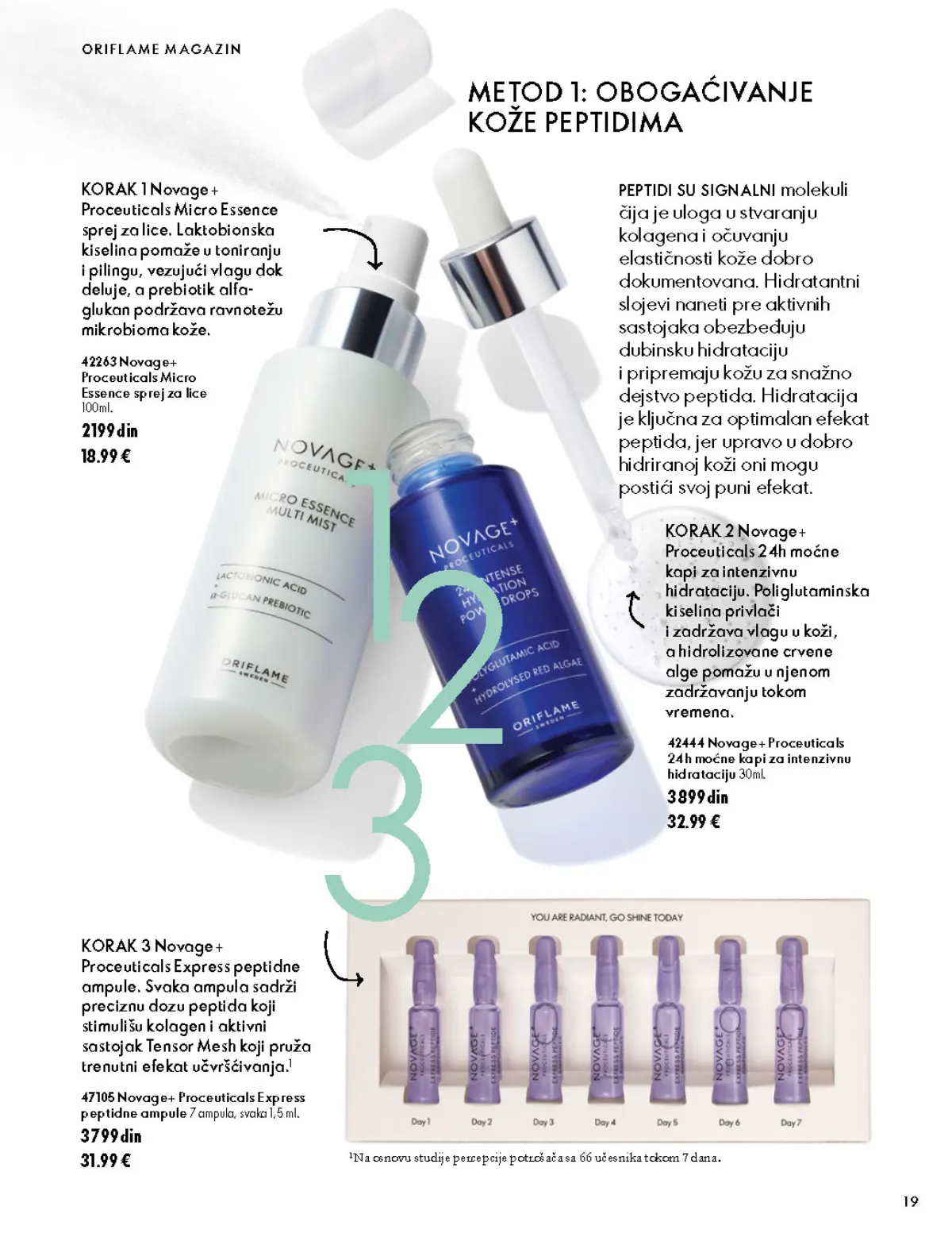 Oriflame katalog 07.10–17.11.2026, strana 19 – Novage+ Proceuticals Micro Essence sprej za lice 100 ml; Novage+ Proceuticals 24h moćne kapi za intenzivnu hidrataciju 30 ml