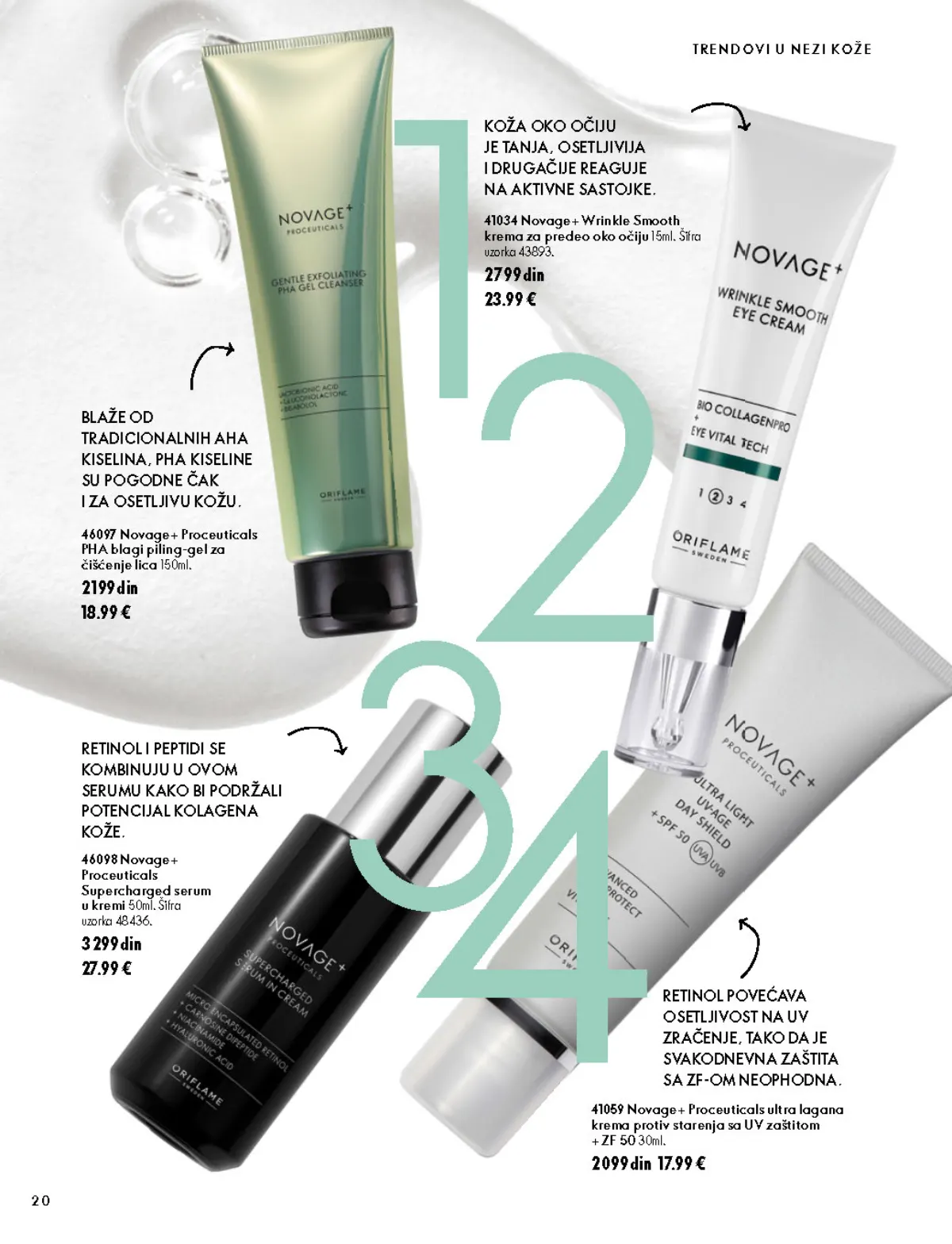 Oriflame katalog 07.10–17.11.2026, strana 20 – Novage+ Proceuticals PHA blagi piling-gel za čišćenje lica 150 ml; Novage+ Wrinkle Smooth krema za predeo oko očiju 15 ml