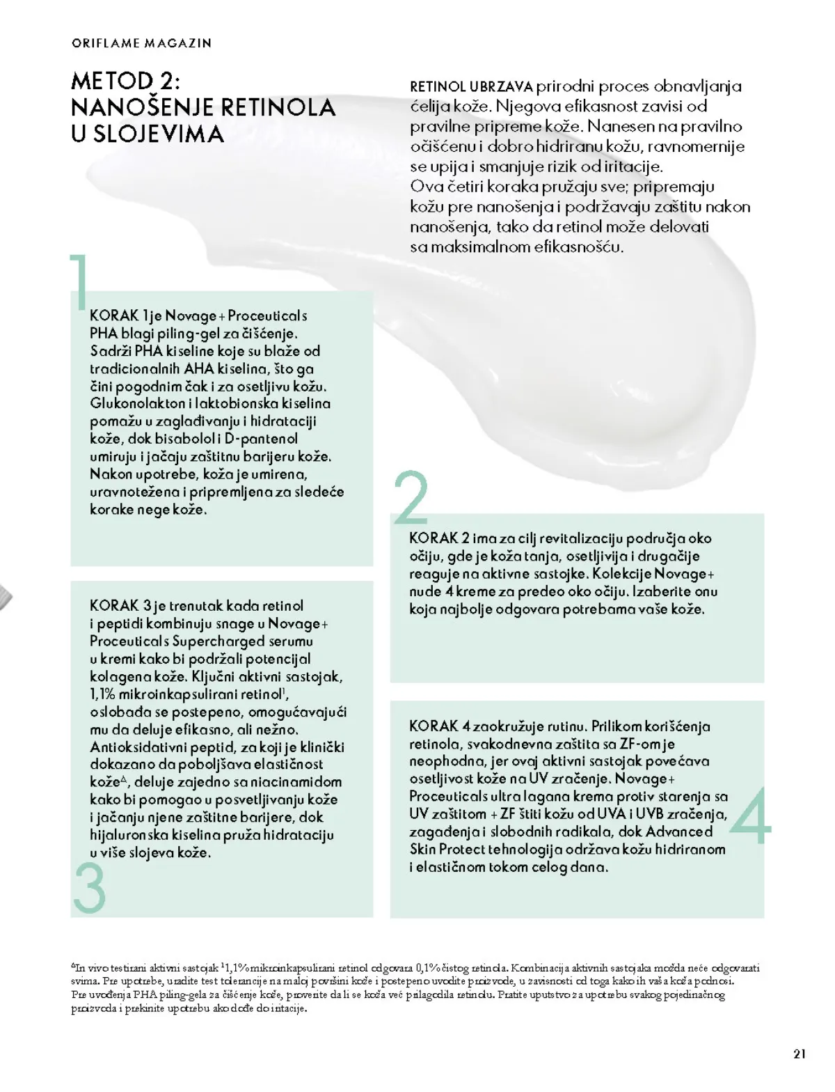 Oriflame katalog 07.10–17.11.2026, strana 21 – Vodič kroz redosled nanošenja proizvoda u Novage+ rutini.