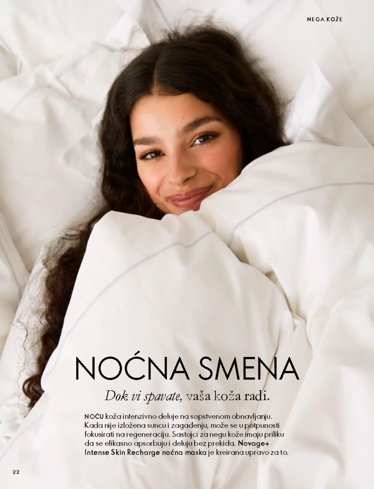 Oriflame katalog 07.10–17.11.2026, strana 22 – Predstavljanje Novage+ Intense Skin Recharge noćne maske.