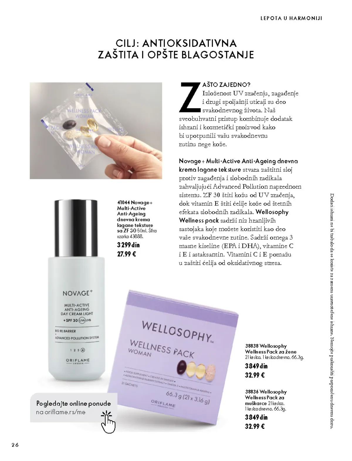 Oriflame katalog 07.10–17.11.2026, strana 26 – Novage+ Multi-Active Anti-Ageing dnevna krema lagane teksture sa ZF 30 50 ml; Wellosophy Wellness Pack za žene 21 kesica