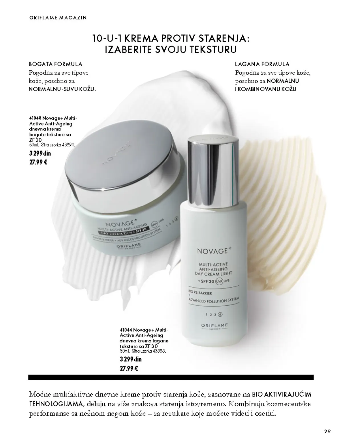 Oriflame katalog 07.10–17.11.2026, strana 29 – Novage+ Multi-Active Anti-Ageing dnevna krema lagane teksture sa ZF 30 50 ml; Novage+ Multi-Active Anti-Ageing dnevna krema bogate teksture sa ZF 30 50 ml