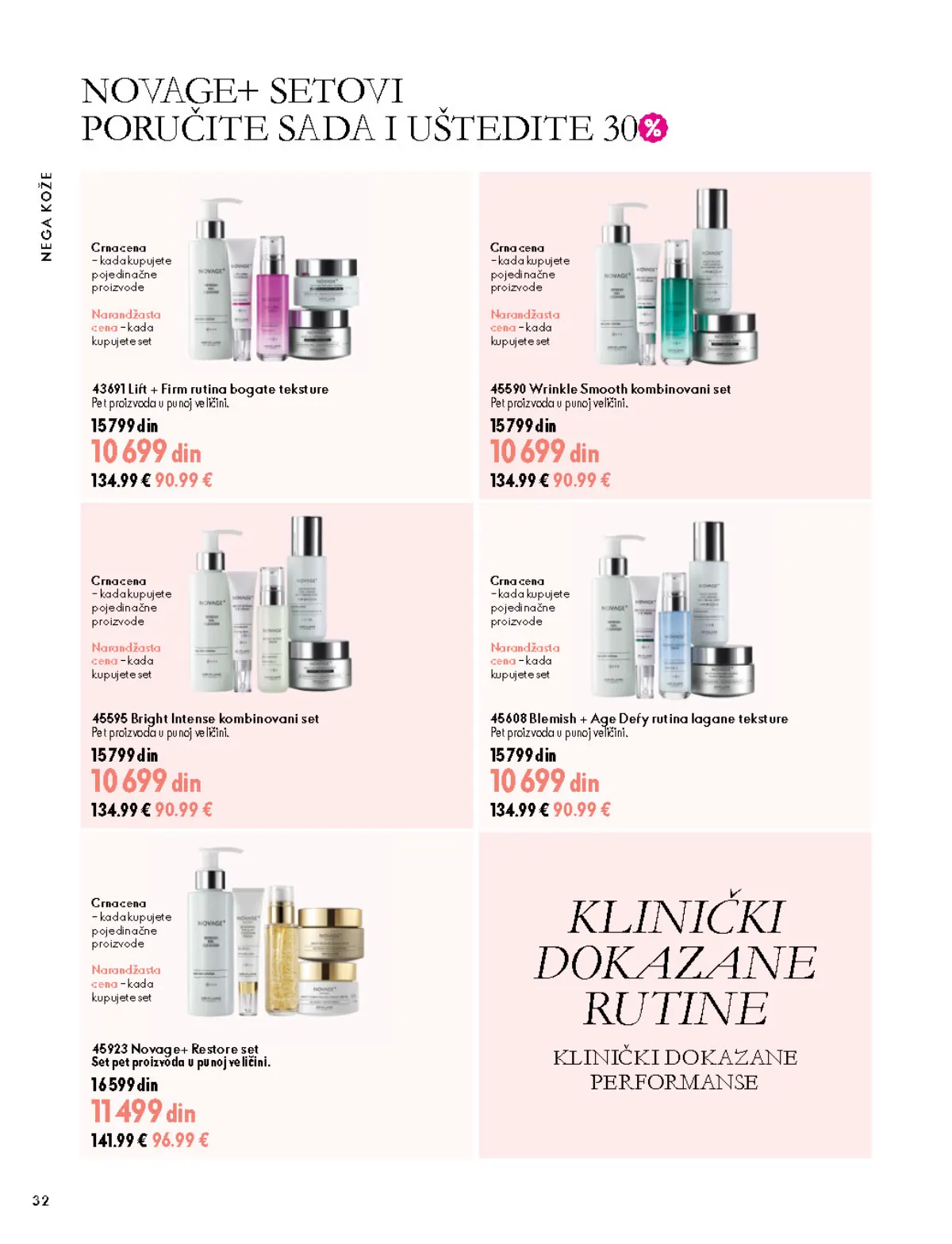 Oriflame katalog 07.10–17.11.2026, strana 32 – Bright Intense kombinovani set (pet proizvoda); Lift + Firm rutina bogate teksture (pet proizvoda)