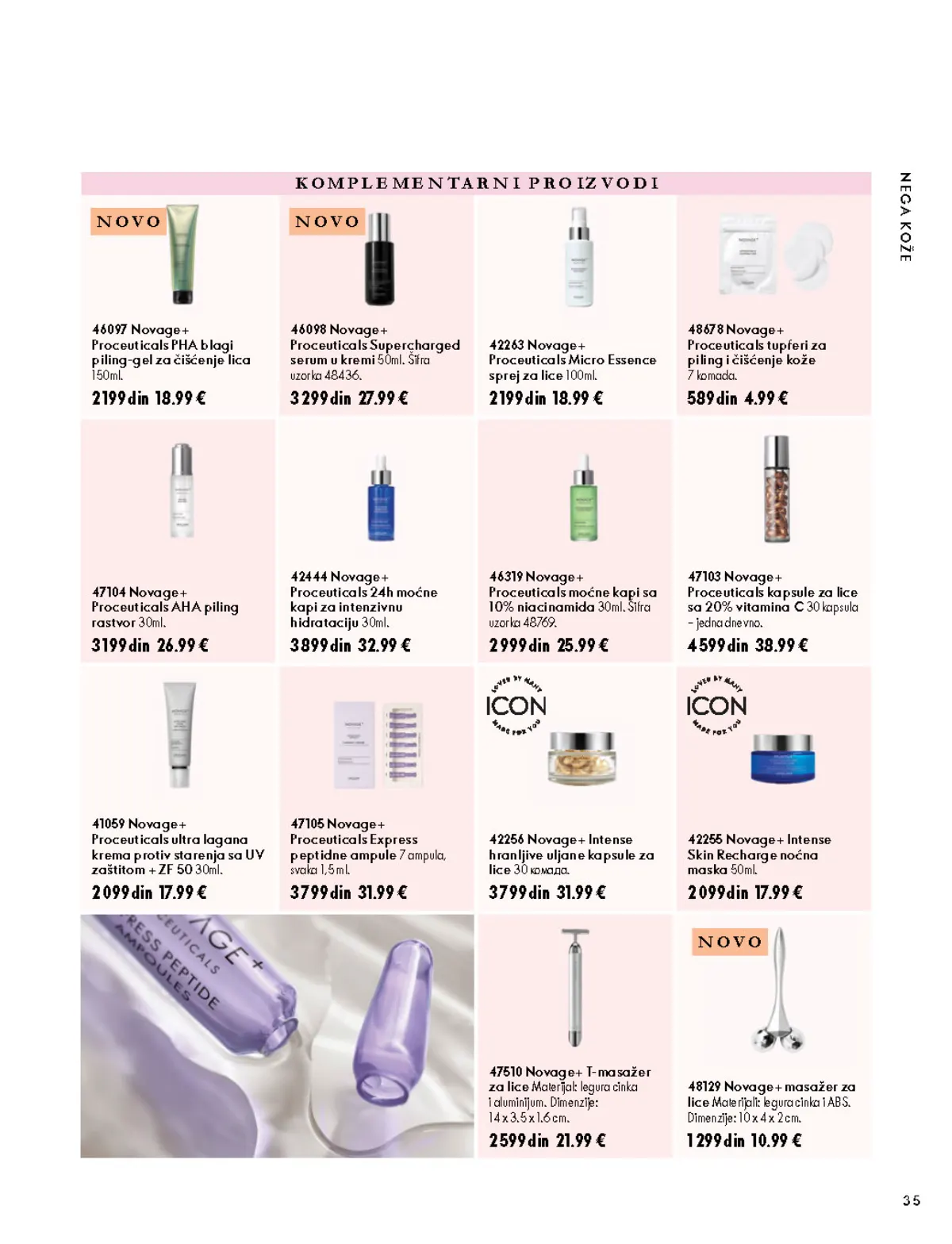 Oriflame katalog 07.10–17.11.2026, strana 35 – Novage+ Proceuticals PHA blagi piling-gel za čišćenje lica 150 ml; Novage+ Proceuticals Supercharged serum u kremi 50 ml