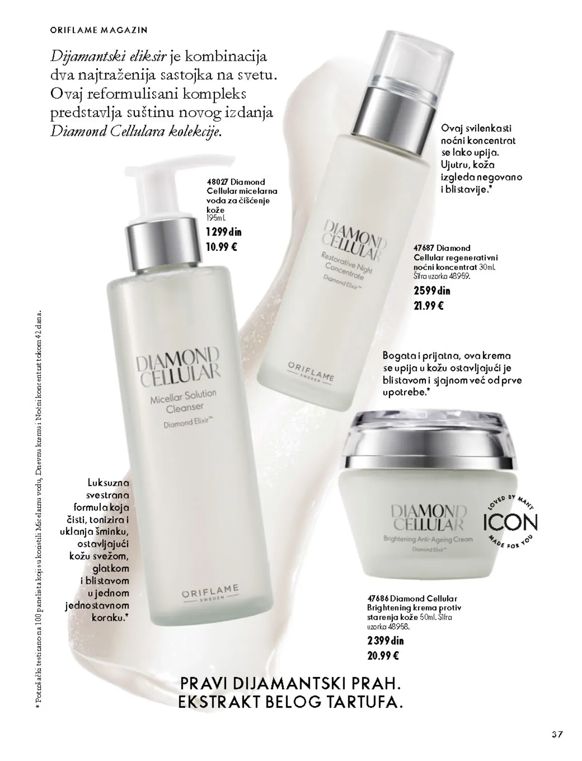 Oriflame katalog 07.10–17.11.2026, strana 37 – Diamond Cellular regenerativni noćni koncentrat 30 ml; Diamond Cellular Brightening krema protiv starenja kože 50 ml