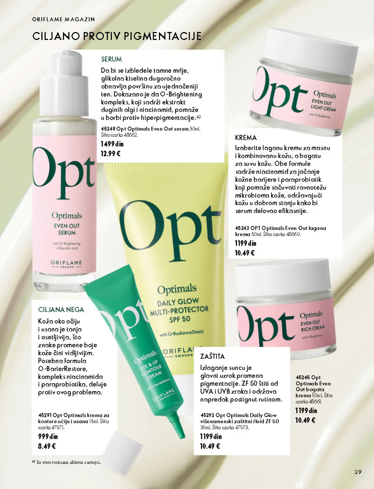 Oriflame katalog 07.10–17.11.2026, strana 39 – Opt Optimals Even Out serum 30 ml; Opt Optimals krema za konture očiju i usana 15 ml