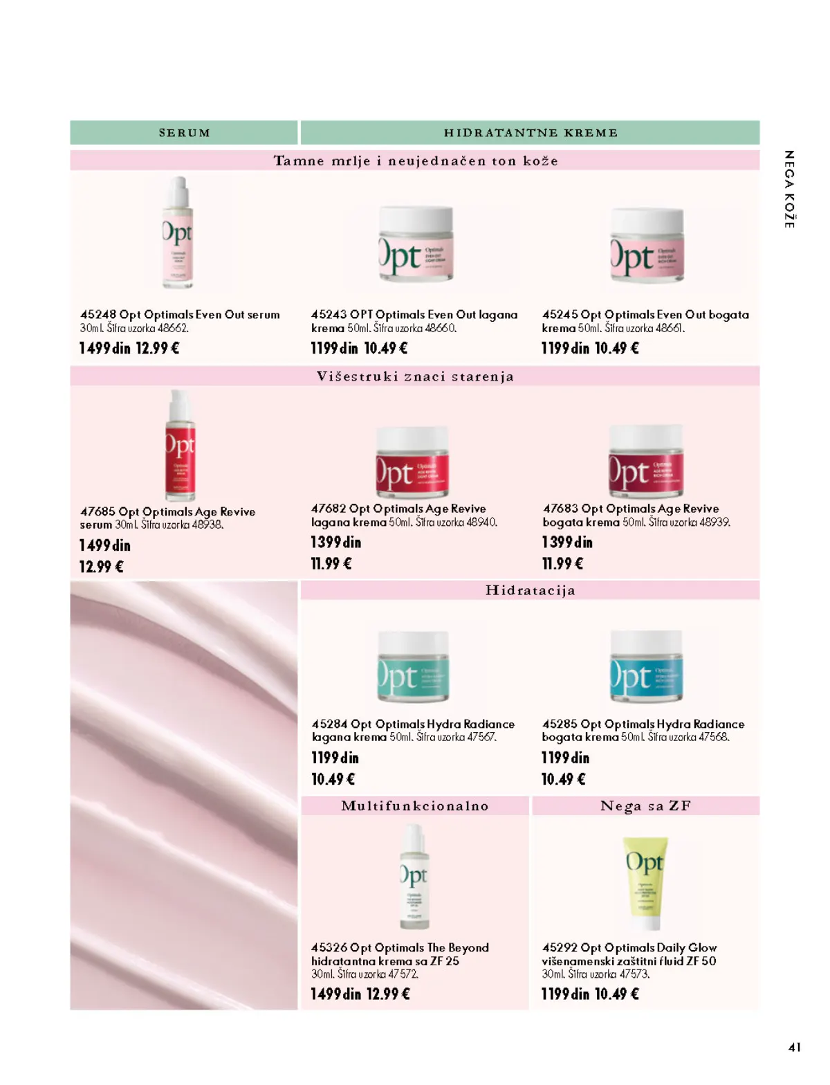 Oriflame katalog 07.10–17.11.2026, strana 41 – OPT Optimals Even Out lagana krema 50 ml; Opt Optimals Even Out serum 30 ml