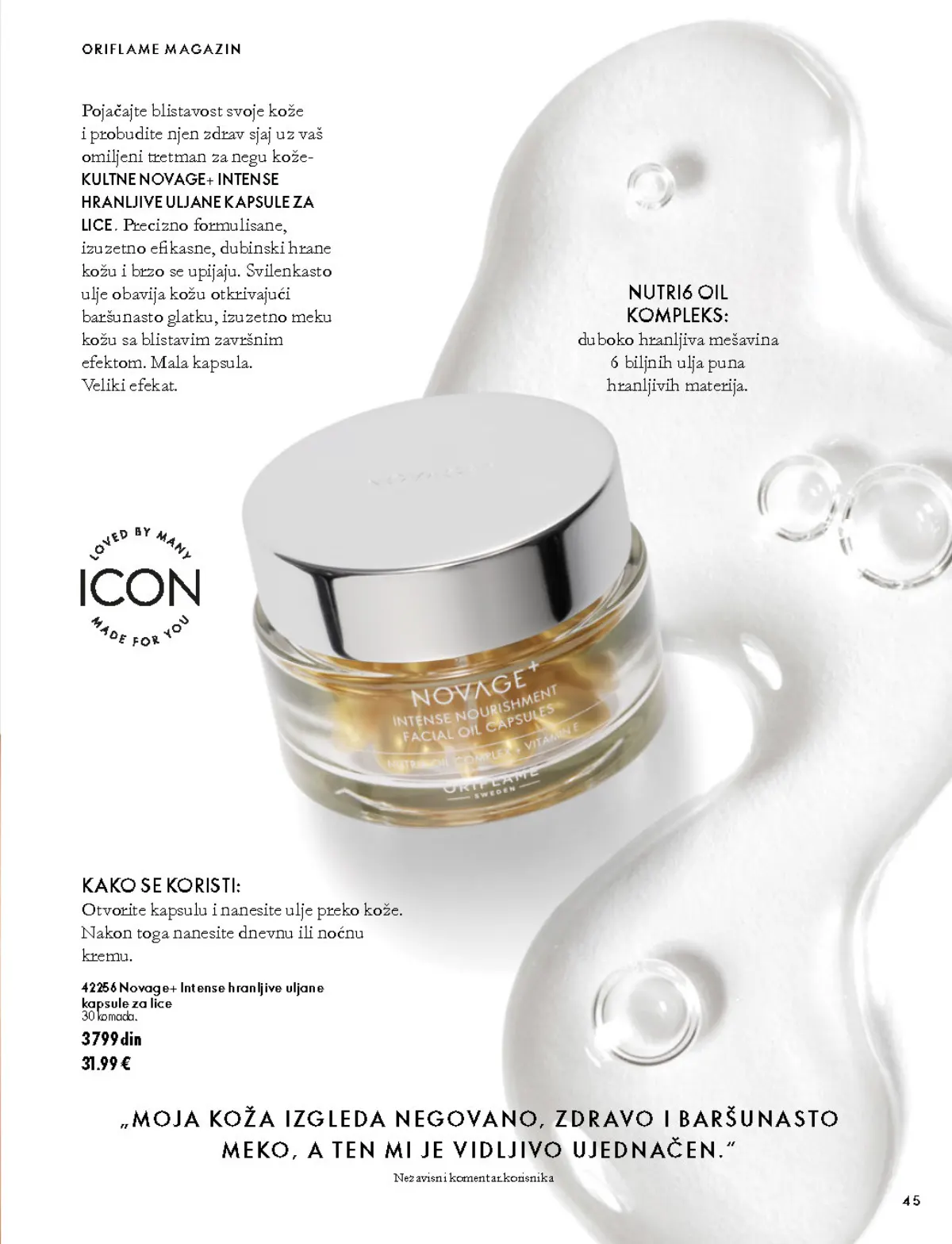 Oriflame katalog 07.10–17.11.2026, strana 45 – Novage+ Intense hranljive uljane kapsule za lice 30 komada