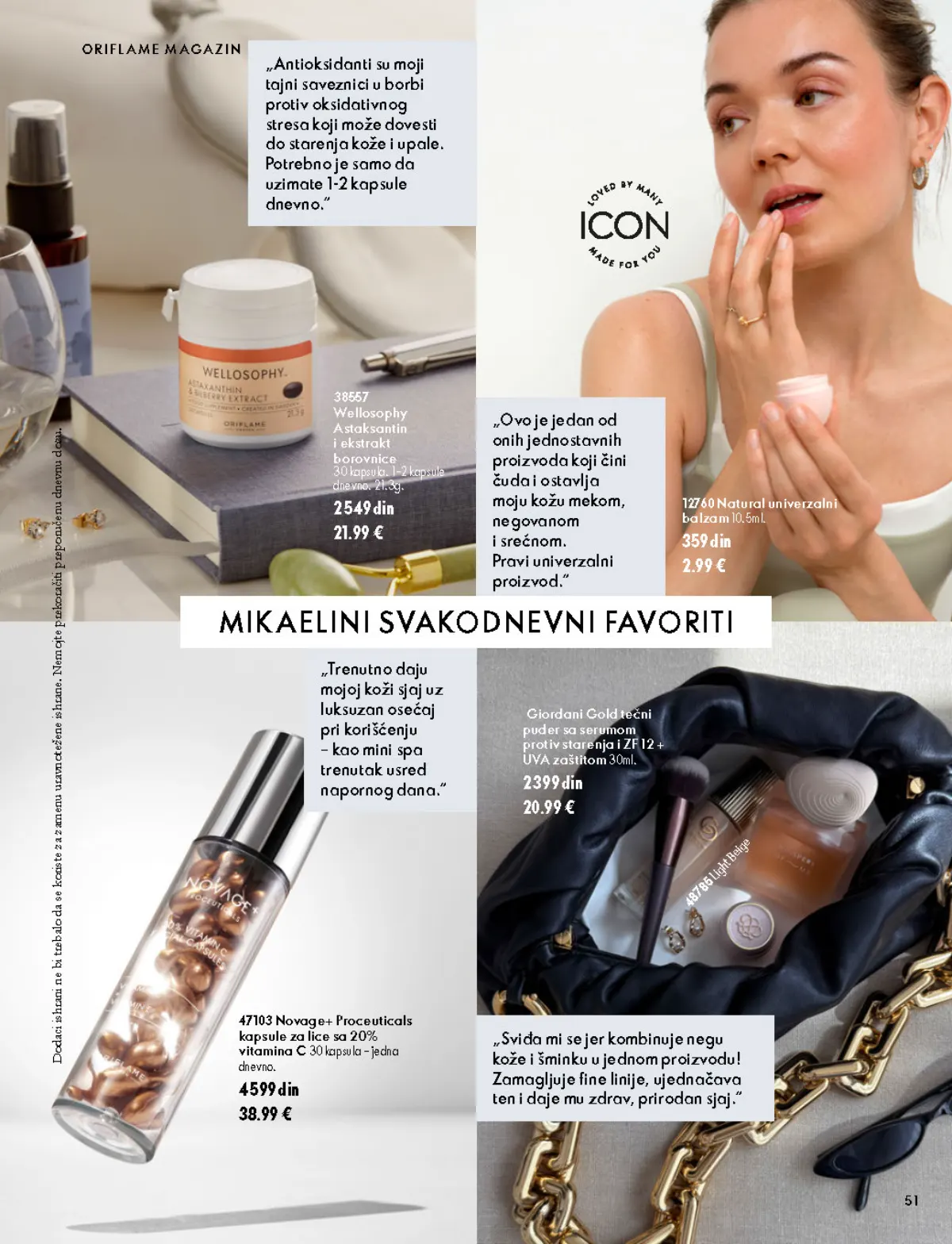 Oriflame katalog 07.10–17.11.2026, strana 51 – Natural univerzalni balzam 10.5 ml; Novage+ Proceuticals kapsule za lice sa 20% vitamina C 30 kapsula
