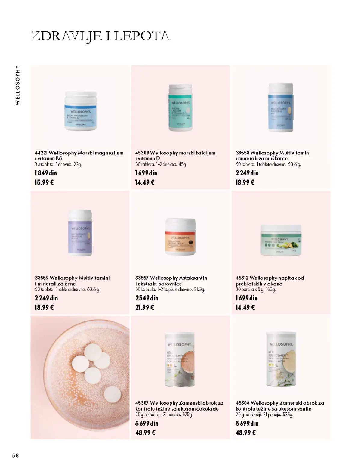 Oriflame katalog 07.10–17.11.2026, strana 58 – Wellosophy Zamenski obrok za kontrolu težine sa ukusom vanile 25 g po porciji. 21 porcija. 525 g; Wellosophy Zamenski obrok za kontrolu težine sa ukusom čokolade 25 g po porciji. 21 porcija. 525 g