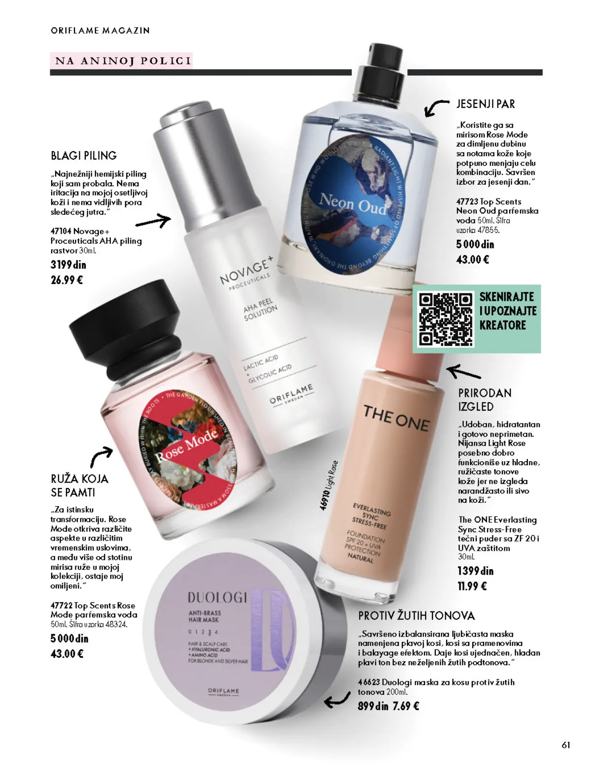 Oriflame katalog 07.10–17.11.2026, strana 61 – Top Scents Neon Oud parfemska voda 50 ml; Novage+ Proceuticals AHA piling rastvor 30 ml