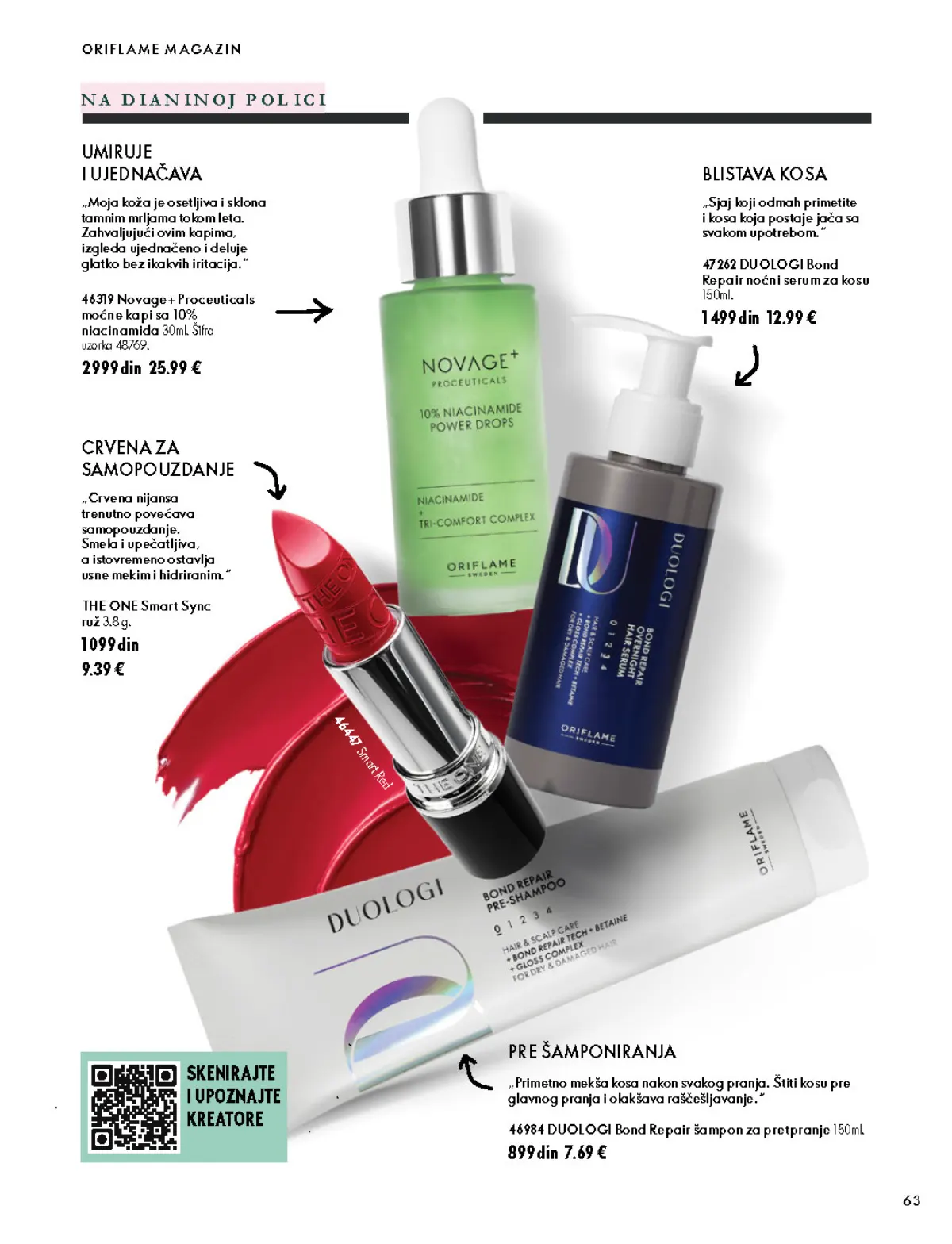 Oriflame katalog 07.10–17.11.2026, strana 63 – DUOLOGI Bond Repair noćni serum za kosu 150 ml; DUOLOGI Bond Repair šampon za pretpranje 150 ml