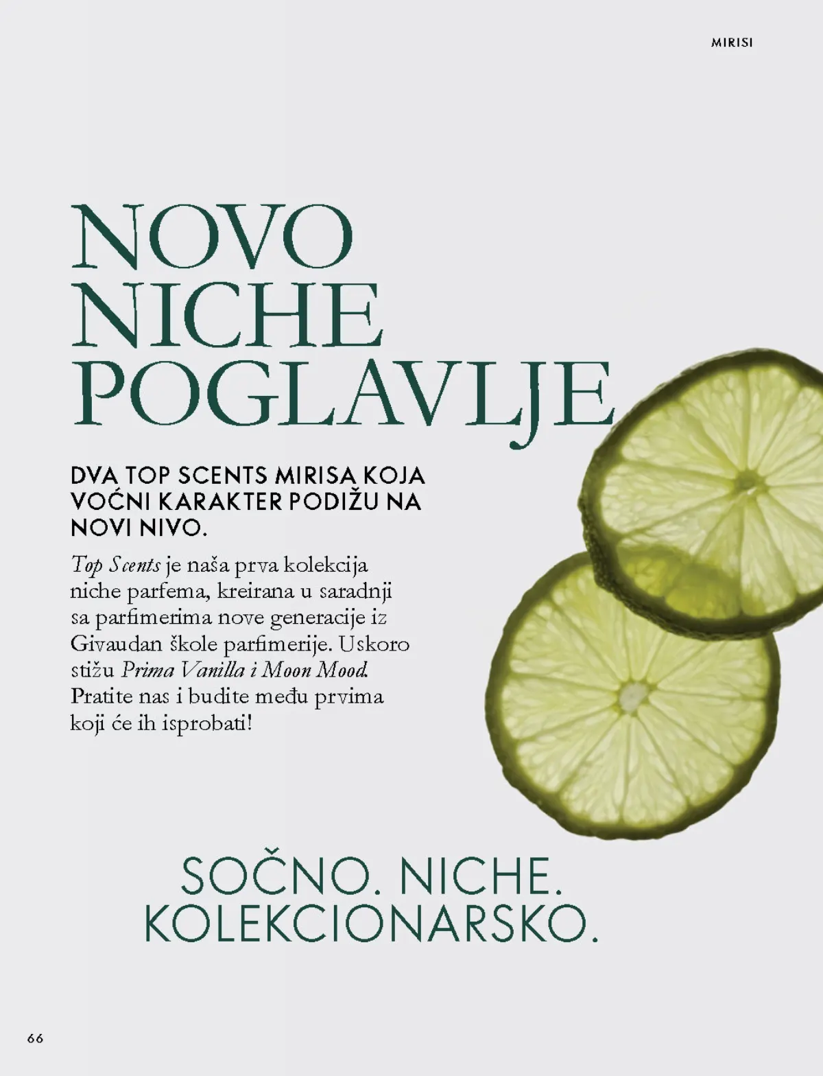 Oriflame katalog 07.10–17.11.2026, strana 66 – Top Scents niche kolekcija: La La Lime i Tropic Thunder.