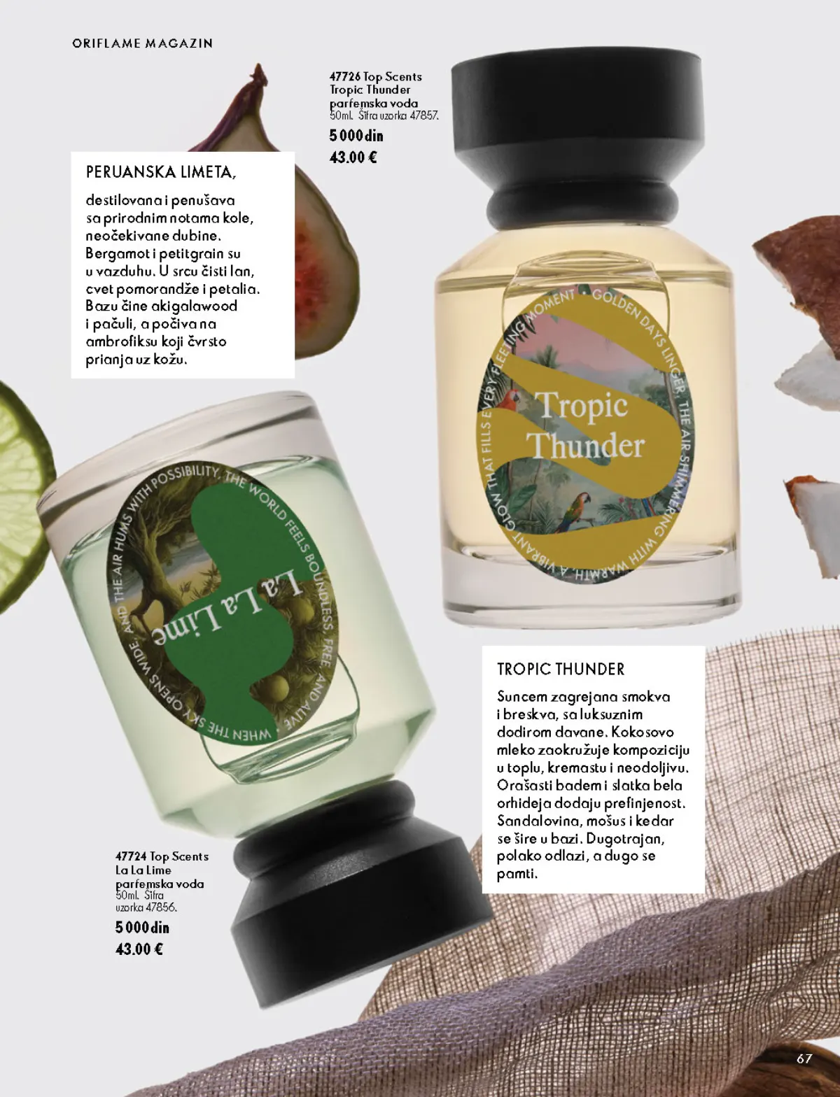 Oriflame katalog 07.10–17.11.2026, strana 67 – Top Scents La La Lime parfemska voda 50 ml; Top Scents Tropic Thunder parfemska voda 50 ml