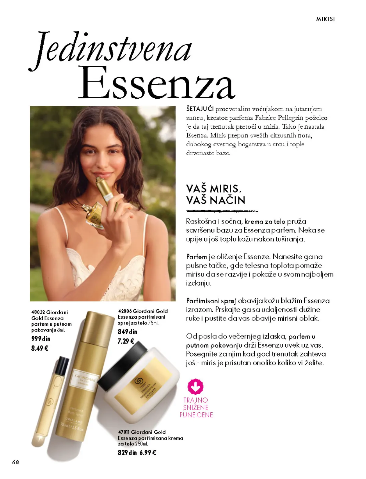 Oriflame katalog 07.10–17.11.2026, strana 68 – Giordani Gold Essenza parfimisana krema za telo 250 ml; Giordani Gold Essenza parfimisani sprej za telo 75 ml