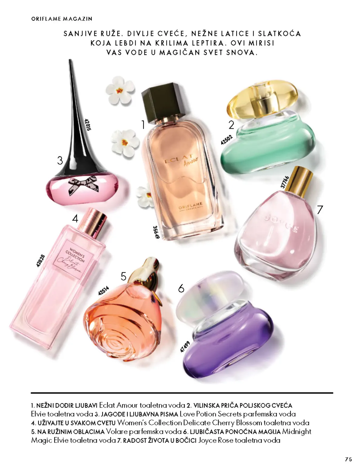 Oriflame katalog 07.10–17.11.2026, strana 75 – Izdvojeni mirisi: Eclat Amour toaletna voda i Elvie toaletna voda.